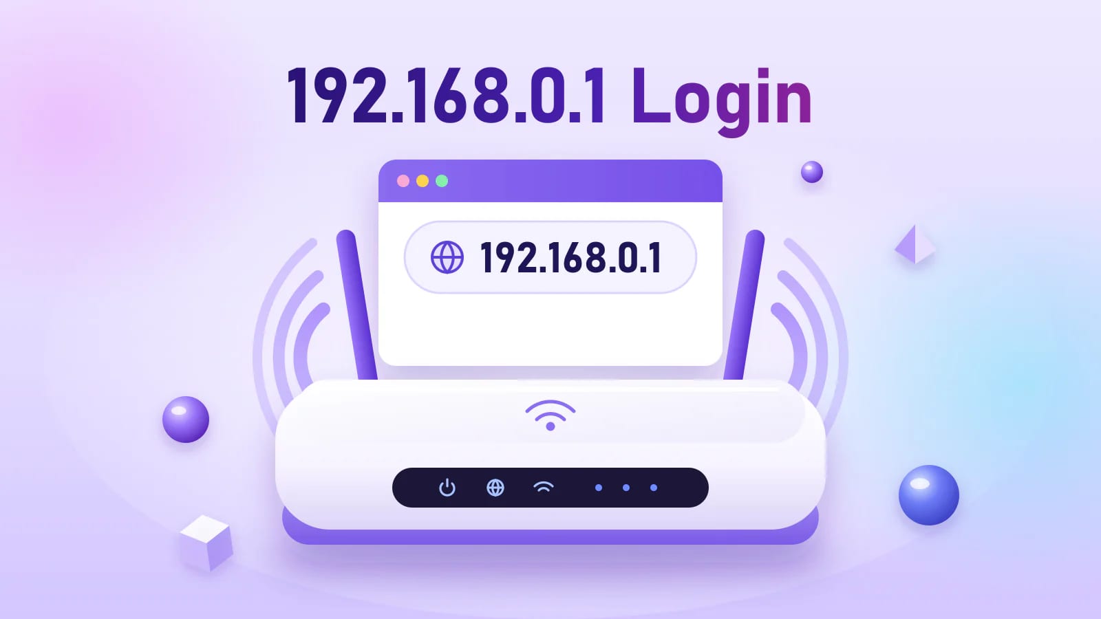 192.168.0.1 router login 3D render of a white Wi-Fi router beside a browser window showing the 192.168.0.1 gateway address